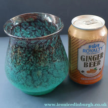Load image into Gallery viewer, SCOTTISH GLASS. MONART Glass Vase. Bulbous Vase with Rim Shape RA. Plain Mottled Dark Aqua Green Glass. 4 3/4 inches high
