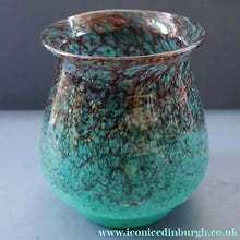 Load image into Gallery viewer, SCOTTISH GLASS. MONART Glass Vase. Bulbous Vase with Rim Shape RA. Plain Mottled Dark Aqua Green Glass. 4 3/4 inches high
