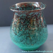 Load image into Gallery viewer, SCOTTISH GLASS. MONART Glass Vase. Bulbous Vase with Rim Shape RA. Plain Mottled Dark Aqua Green Glass. 4 3/4 inches high
