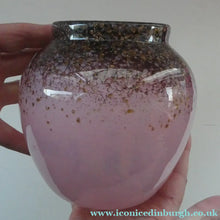 Load image into Gallery viewer, SCOTTISH GLASS. MONART Glass Vase. Bulbous Shape (A). Mottled Dusky Warm Pink with Black Flecks &amp; Gold Aventurine at the Rim
