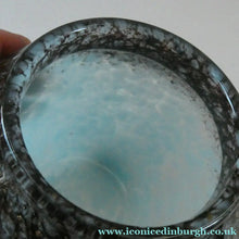 Load image into Gallery viewer, SCOTTISH GLASS. MONART Glass Vase. Bulbous Shape (A). Mottled Lilac Grey-Blue with Black Flecks &amp; Gold Aventurine at the Rim
