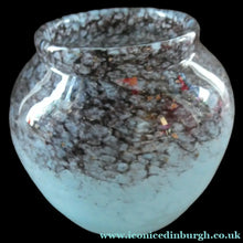 Load image into Gallery viewer, SCOTTISH GLASS. MONART Glass Vase. Bulbous Shape (A). Mottled Lilac Grey-Blue with Black Flecks &amp; Gold Aventurine at the Rim
