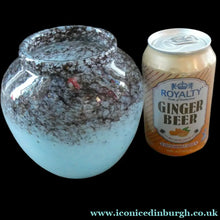 Load image into Gallery viewer, SCOTTISH GLASS. MONART Glass Vase. Bulbous Shape (A). Mottled Lilac Grey-Blue with Black Flecks &amp; Gold Aventurine at the Rim

