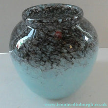 Load image into Gallery viewer, SCOTTISH GLASS. MONART Glass Vase. Bulbous Shape (A). Mottled Lilac Grey-Blue with Black Flecks &amp; Gold Aventurine at the Rim
