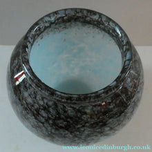 Load image into Gallery viewer, SCOTTISH GLASS. MONART Glass Vase. Bulbous Shape (A). Mottled Lilac Grey-Blue with Black Flecks &amp; Gold Aventurine at the Rim
