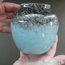 Load image into Gallery viewer, SCOTTISH GLASS. MONART Glass Vase. Bulbous Shape (A). Mottled Lilac Grey-Blue with Black Flecks &amp; Gold Aventurine at the Rim
