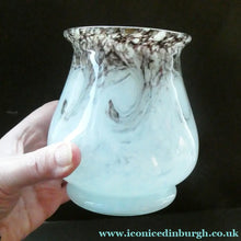 Load image into Gallery viewer, SCOTTISH GLASS. MONART Glass Vase. Bulbous Vase with Rim Shape RA. Mottled Grey with Black Flecks, Swirls &amp; Gold Aventurine at the Rim
