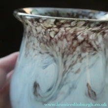Load image into Gallery viewer, SCOTTISH GLASS. MONART Glass Vase. Bulbous Vase with Rim Shape RA. Mottled Grey with Black Flecks, Swirls &amp; Gold Aventurine at the Rim
