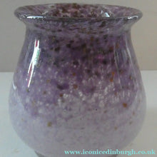 Load image into Gallery viewer, SCOTTISH GLASS. MONART Glass Vase. Bulbous Vase with Rim Shape RA. Pink with Lilac and Purple Rim &amp; Gold Aventurine. 4 3/4 inches high
