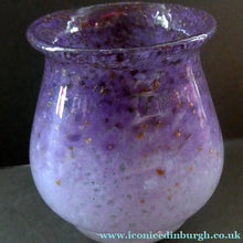 Load image into Gallery viewer, SCOTTISH GLASS. MONART Glass Vase. Bulbous Vase with Rim Shape RA. Pink with Lilac and Purple Rim &amp; Gold Aventurine
