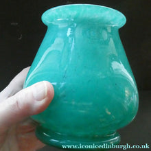 Load image into Gallery viewer, SCOTTISH GLASS. MONART Glass Vase. Bulbous Vase with Rim Shape RA. Plain Mottled Dark Aqua Green Glass
