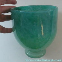 Load image into Gallery viewer, SCOTTISH GLASS. MONART Glass Vase. QC Shape. Mottled Aqua Green Changing to Blue at the Rim
