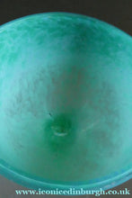 Load image into Gallery viewer, SCOTTISH GLASS. MONART Glass Vase. QC Shape. Mottled Aqua Green Changing to Blue at the Rim
