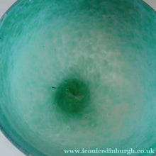 Load image into Gallery viewer, SCOTTISH GLASS. MONART Glass Vase. QC Shape. Mottled Aqua Green Changing to Blue at the Rim
