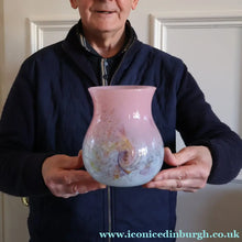 Load image into Gallery viewer, SCOTTISH GLASS. MONART Vase. SA Shape. Mottled Pale Blue, Pink with Swirls &amp; Lots of Gold Aventurine Flakes. 7 inches high

