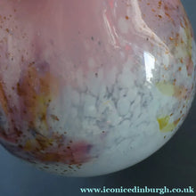 Load image into Gallery viewer, SCOTTISH GLASS. MONART Vase. SA Shape. Mottled Pale Blue, Pink with Swirls &amp; Lots of Gold Aventurine Flakes. 7 inches high
