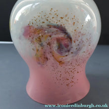 Load image into Gallery viewer, SCOTTISH GLASS. MONART Vase. SA Shape. Mottled Pale Blue, Pink with Swirls &amp; Lots of Gold Aventurine Flakes. 7 inches high
