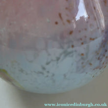 Load image into Gallery viewer, SCOTTISH GLASS. MONART Vase. SA Shape. Mottled Pale Blue, Pink with Swirls &amp; Lots of Gold Aventurine Flakes. 7 inches high
