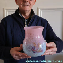 Load image into Gallery viewer, SCOTTISH GLASS. MONART Vase. SA Shape. Mottled Pale Blue, Pink with Swirls &amp; Lots of Gold Aventurine Flakes. 7 inches high
