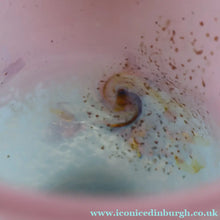 Load image into Gallery viewer, SCOTTISH GLASS. MONART Vase. SA Shape. Mottled Pale Blue, Pink with Swirls &amp; Lots of Gold Aventurine Flakes. 7 inches high
