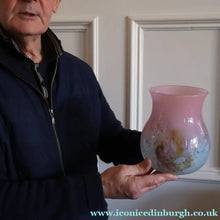Load image into Gallery viewer, SCOTTISH GLASS. MONART Vase. SA Shape. Mottled Pale Blue, Pink with Swirls &amp; Lots of Gold Aventurine Flakes. 7 inches high
