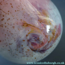 Load image into Gallery viewer, SCOTTISH GLASS. MONART Vase. SA Shape. Mottled Pale Blue, Pink with Swirls &amp; Lots of Gold Aventurine Flakes. 7 inches high
