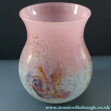 Load image into Gallery viewer, SCOTTISH GLASS. MONART Vase. SA Shape. Mottled Pale Blue, Pink with Swirls &amp; Lots of Gold Aventurine Flakes. 7 inches high
