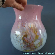 Load image into Gallery viewer, SCOTTISH GLASS. MONART Vase. SA Shape. Mottled Pale Blue, Pink with Swirls &amp; Lots of Gold Aventurine Flakes. 7 inches high
