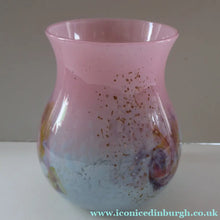 Load image into Gallery viewer, SCOTTISH GLASS. MONART Vase. SA Shape. Mottled Pale Blue, Pink with Swirls &amp; Lots of Gold Aventurine Flakes. 7 inches high
