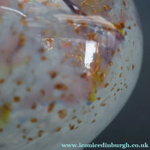 Load image into Gallery viewer, SCOTTISH GLASS. MONART Vase. SA Shape. Mottled Pale Blue, Pink with Swirls &amp; Lots of Gold Aventurine Flakes. 7 inches high
