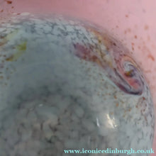 Load image into Gallery viewer, SCOTTISH GLASS. MONART Vase. SA Shape. Mottled Pale Blue, Pink with Swirls &amp; Lots of Gold Aventurine Flakes. 7 inches high

