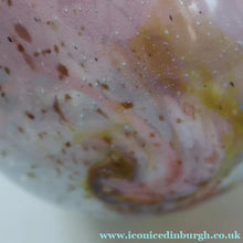 Load image into Gallery viewer, SCOTTISH GLASS. MONART Vase. SA Shape. Mottled Pale Blue, Pink with Swirls &amp; Lots of Gold Aventurine Flakes. 7 inches high
