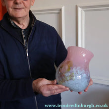 Load image into Gallery viewer, SCOTTISH GLASS. MONART Vase. SA Shape. Mottled Pale Blue, Pink with Swirls &amp; Lots of Gold Aventurine Flakes. 7 inches high

