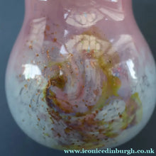Load image into Gallery viewer, SCOTTISH GLASS. MONART Vase. SA Shape. Mottled Pale Blue, Pink with Swirls &amp; Lots of Gold Aventurine Flakes. 7 inches high
