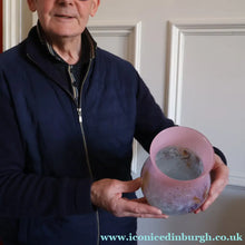 Load image into Gallery viewer, SCOTTISH GLASS. MONART Vase. SA Shape. Mottled Pale Blue, Pink with Swirls &amp; Lots of Gold Aventurine Flakes. 7 inches high
