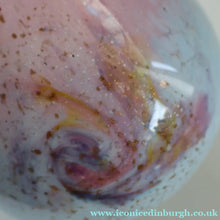 Load image into Gallery viewer, SCOTTISH GLASS. MONART Vase. SA Shape. Mottled Pale Blue, Pink with Swirls &amp; Lots of Gold Aventurine Flakes. 7 inches high
