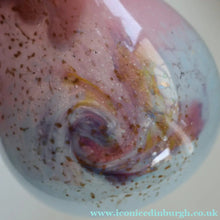 Load image into Gallery viewer, SCOTTISH GLASS. MONART Vase. SA Shape. Mottled Pale Blue, Pink with Swirls &amp; Lots of Gold Aventurine Flakes. 7 inches high
