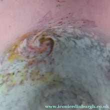 Load image into Gallery viewer, SCOTTISH GLASS. MONART Vase. SA Shape. Mottled Pale Blue, Pink with Swirls &amp; Lots of Gold Aventurine Flakes. 7 inches high
