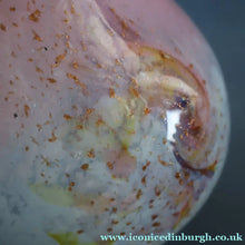 Load image into Gallery viewer, SCOTTISH GLASS. MONART Vase. SA Shape. Mottled Pale Blue, Pink with Swirls &amp; Lots of Gold Aventurine Flakes. 7 inches high
