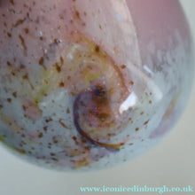 Load image into Gallery viewer, SCOTTISH GLASS. MONART Vase. SA Shape. Mottled Pale Blue, Pink with Swirls &amp; Lots of Gold Aventurine Flakes. 7 inches high
