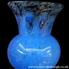 Load image into Gallery viewer, SCOTTISH GLASS. MONART Glass Vase. Thistle Shape. Mottled Powder Blue and Black Flecks &amp; Gold Aventurine at the Rim
