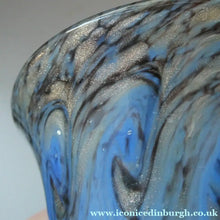 Load image into Gallery viewer, SCOTTISH GLASS. MONART Glass Vase. Thistle Shape. Mottled Powder Blue and Black Flecks &amp; Gold Aventurine at the Rim
