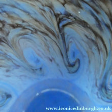 Load image into Gallery viewer, SCOTTISH GLASS. MONART Glass Vase. Thistle Shape. Mottled Powder Blue and Black Flecks &amp; Gold Aventurine at the Rim
