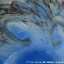 Load image into Gallery viewer, SCOTTISH GLASS. MONART Glass Vase. Thistle Shape. Mottled Powder Blue and Black Flecks &amp; Gold Aventurine at the Rim
