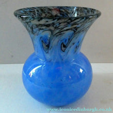 Load image into Gallery viewer, SCOTTISH GLASS. MONART Glass Vase. Thistle Shape. Mottled Powder Blue and Black Flecks &amp; Gold Aventurine at the Rim
