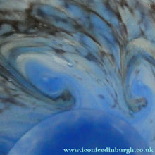 Load image into Gallery viewer, SCOTTISH GLASS. MONART Glass Vase. Thistle Shape. Mottled Powder Blue and Black Flecks &amp; Gold Aventurine at the Rim
