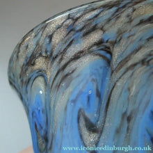 Load image into Gallery viewer, SCOTTISH GLASS. MONART Glass Vase. Thistle Shape. Mottled Powder Blue and Black Flecks &amp; Gold Aventurine at the Rim
