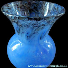 Load image into Gallery viewer, SCOTTISH GLASS. MONART Glass Vase. Thistle Shape. Mottled Powder Blue and Black Flecks &amp; Gold Aventurine at the Rim
