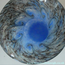 Load image into Gallery viewer, SCOTTISH GLASS. MONART Glass Vase. Thistle Shape. Mottled Powder Blue and Black Flecks &amp; Gold Aventurine at the Rim
