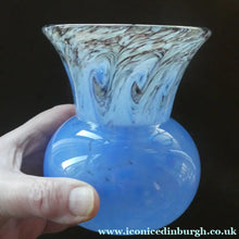 Load image into Gallery viewer, SCOTTISH GLASS. MONART Glass Vase. Thistle Shape. Mottled Powder Blue and Black Flecks &amp; Gold Aventurine at the Rim
